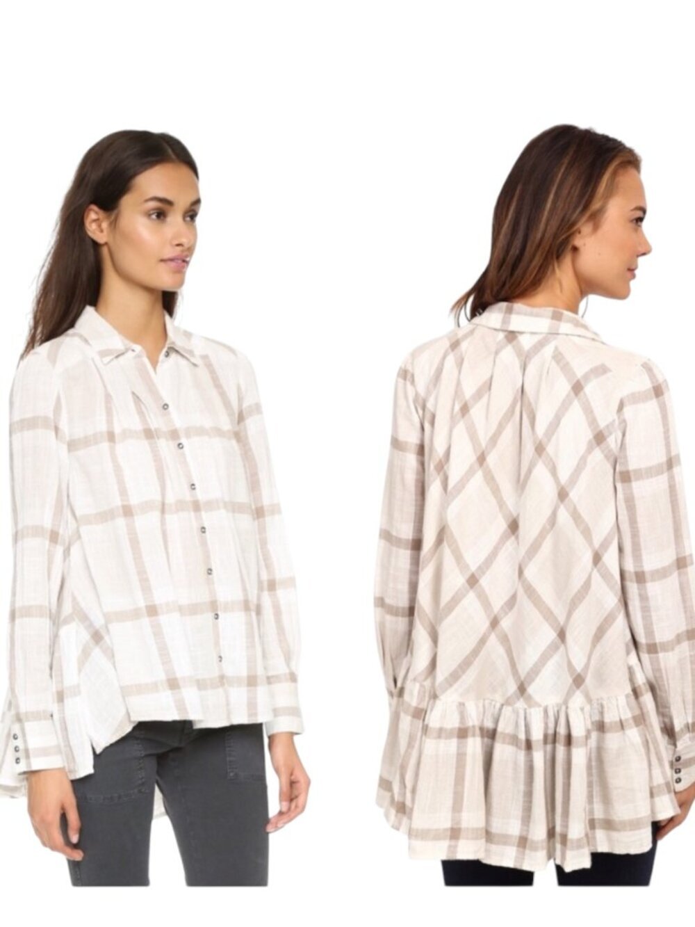 Free People Preppy in Plaid Tan White Button Front Ruffle Hem Top